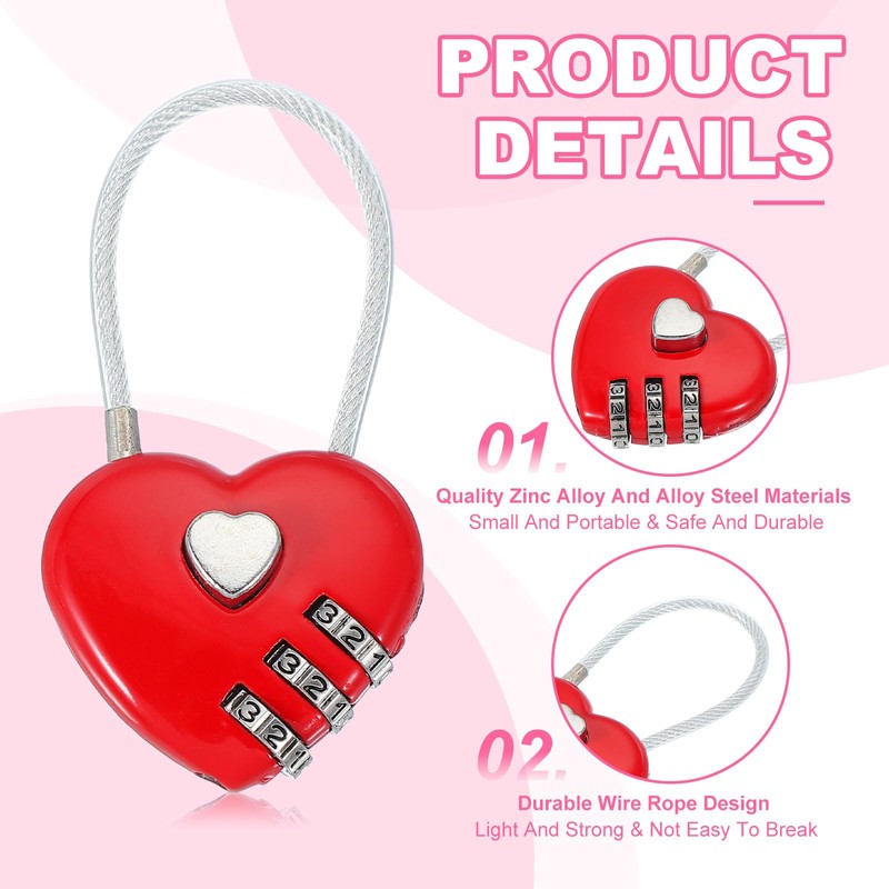 MECCANIXITY Heart Padlock, 3 Digit Combination Lock Heart Shape Mini