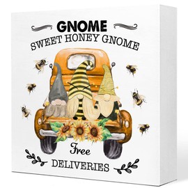 Summer Desk Decor,Sweet Honey Bee Gnome Wooden Plaque Sign Desk Decor,Rustic Gnomes on Retro Truck Wood Block Sign Desk Decorations for Summer Home Living Room Office Garden Shelf Table Decor