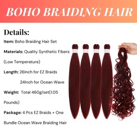 Burgundy Braiding Hair for Boho Braids Synthetic Boho Hair for Braiding 900# Red Ocean Wave Boho Braids