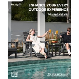 SUUNYN Folding Adirondack Chair with Retractable Ottoman Weather Resistant Fire Pit Chair Patio Chair with 2 Cup Holder Lawn Outdoor Lounge Chair (Grey)