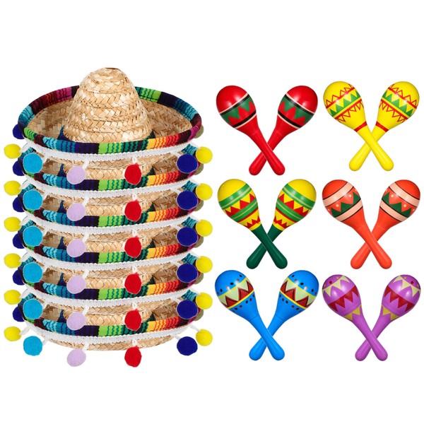 Honoson 12 Pcs Wooden Fiesta Maracas 6 Pcs Mini Sombrero Top Hat for Kids Festival Mexican Party Decorations (Fresh Style)