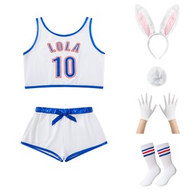 QIKUBI - Disfraz de conejito de Lola #10 para mujer, 90, película espacial, playera de baloncesto de Halloween con accesorios, Blanco, L