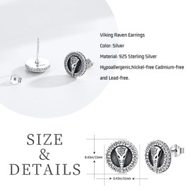 Twoowl Viking Raven Head Earrings 925 Sterling Silver Norse Viking Runes Stud Earrings Viking Jewelry for Men Women, 0.43inch, Sterling Silver, Cubic Zirconia