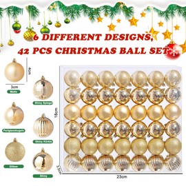 Pack of 42 Small Christmas Baubles Gold 6 Different Design Plastic Christmas Tree Baubles 4 cm Mini Christmas Baubles Plastic Christmas Tree Baubles Christmas Tree Decoration Baubles