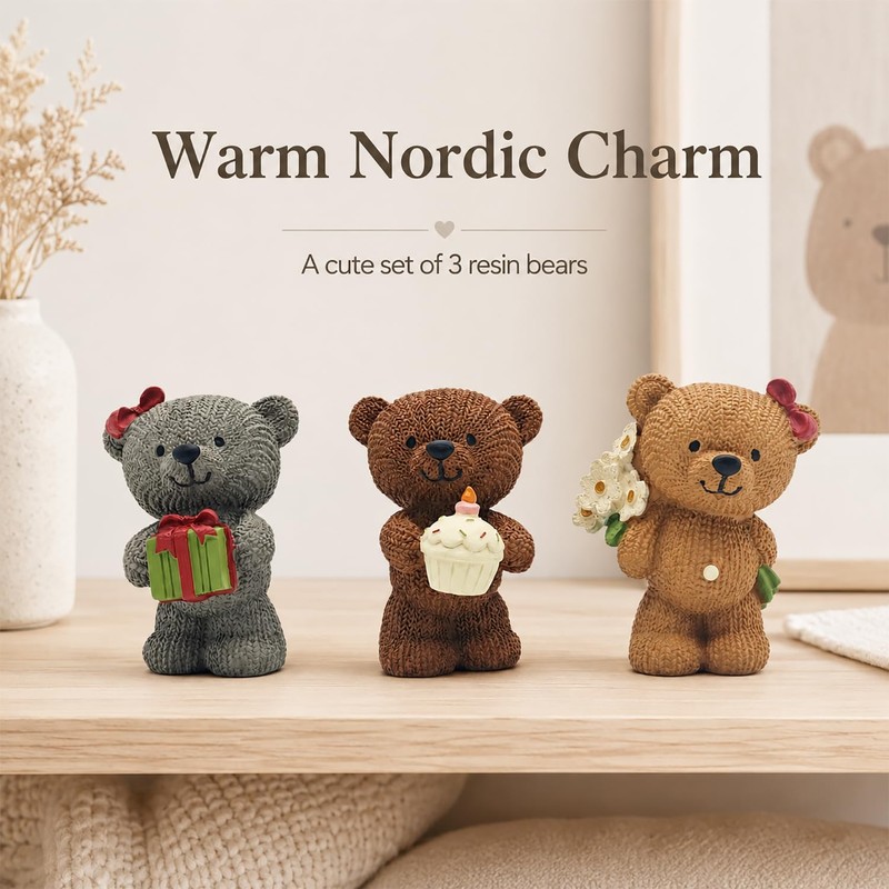 MeritMode Teddy Bear Ornaments Set, 2.8”H Resin Figures, Cute Home