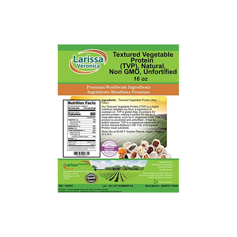 Larissa Veronica Textured Vegetable Protein (TVP), Natural, Non GMO, Unfortified