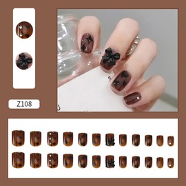 FIEONCIY Press on Nails Short Square Shaped Glossy Full Cover Acrylic Extra Short Square False Nails with Love Heart Designs Artificial Fake Nails Glue Stick ons Fingernails for Women Girls(Z108)