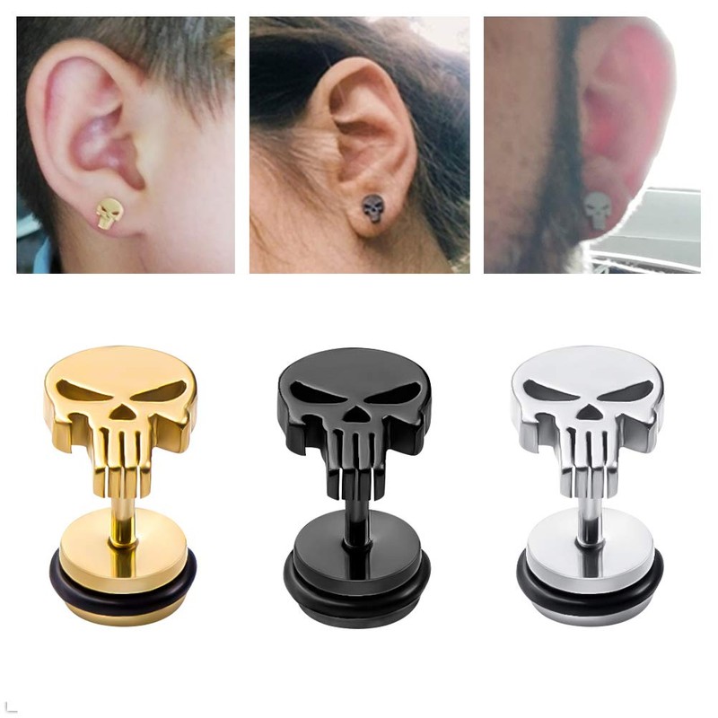 Stainless Steel Punisher Skull Stud Earrings Rock Skeleton Screw Back