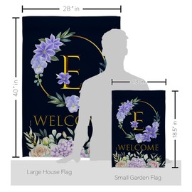 Breeze Decor Welcome E Initial Garden House Flag Kit Monogram Spring Floral Sunflower Tulip Rose Orchid Lilies Season Springtime Flower Wreath Banner Small Yard Gift Double-Sided, Made in USA