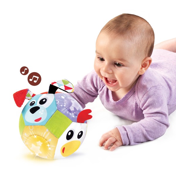 Baby Lights N' Music Friends Ball By Yookidoo. A Soft Newborn Musical Ball Toy with Flashing Stars and Three Friendly Farm Animals. Ideal For Floor Play, Stroller Or Crib.