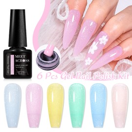 MEET ACROSS 6PCS/SET Gel Nail Polish Kit, Macaron Shimmer Glitter Gel Polish Light Pink Blue Green Nail Art Gel Nail Kits Soak Off UV Nail Lamp Cured Nail Manicure DIY Home for Women
