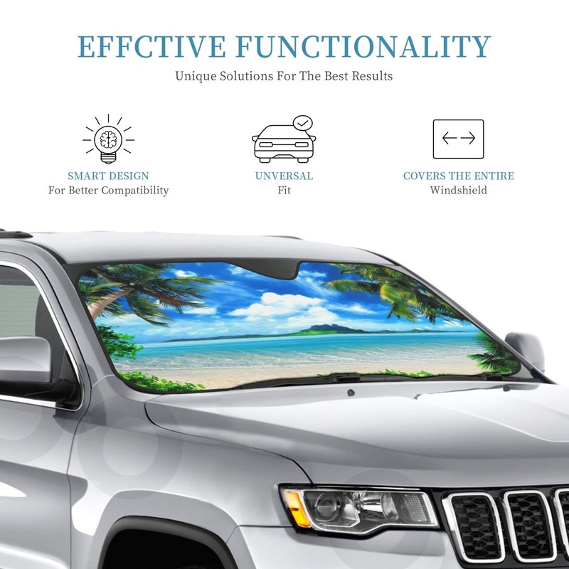Windshield Sun Shade Beach Palm Tree Blue Ocean Car Front