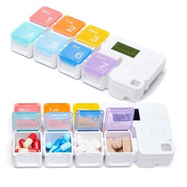 Travel Pill Organizer，Smart Pill Organizer，7 Day Pill Organizer, 4 Reminder Alarms, Loud Sound,4 Large Compartments Portable Smart Pill Box，Pill Organizer am/pm Automatic Alarm
