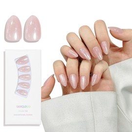 Almond Cat Eyes Press On Nails,12 Sizes - 24 Pcs Soft Gel Light Pink Medium Fake Nails Kit with Nail Glue, Natural Reusable Stick On False Nails for Women and Girls (Skycloud Light Pink Nails) SK0751