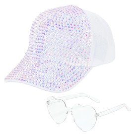 Bling Studded Shiny Rhinestones Crystals Baseball Cap, Sparkle Adjustable Ponytail Visor Cap Sun Hat for Women Men (US, Alpha, One Size, White)