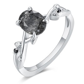 IRROYA Black Rutilated Quartz 925 Silver Rings 1.5 Carats Oval Cut Natural Black Rutilated Quartz Engagement Rings for Women Prong Setting Solitaire Black Wedding Rings for Women Leaf Shaped Platinum Plated Silver Rings(7)