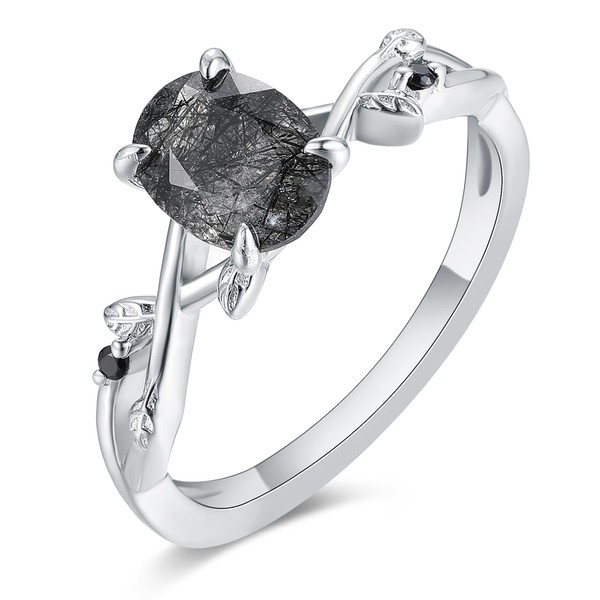 IRROYA Black Rutilated Quartz 925 Silver Rings 1.5 Carats Oval