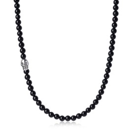 GAVU 6mm Skull Necklace Mens Crystal Beaded Necklace Black Onyx Necklace for Men 60cm