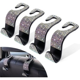 Crystal Bling Rhinestone Car Back Seat Headrest Hook, Car Purse Bag Holder, Bling Car Interior Accessories for Women and Men, 4-Pack (White Diamond, One Size)