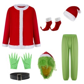 Adrinfly Christmas Big Monster Santa Suit for Adult Green Deluxe Santa Costume With Mask L