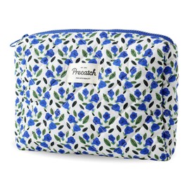 Miucatch Makeup Pouch, Large Capacity, Travel, Large, Vertical, Popular, Cute, Floral Pattern, Quilting, For Women, Cosmetics Storage, blue