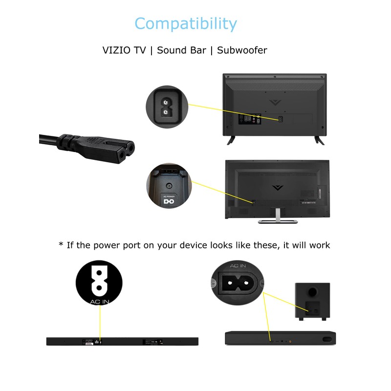 2 Prong AC Power Cord Compatible wtih Vizio D/E/M Series