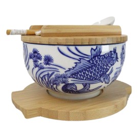 White Blue Koi Fish 28Oz Donburi Ramen Bowl With Lid Trivet Spoon Chopsticks Set