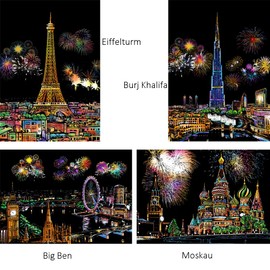 ShipeeKin 4 x Scratch Pictures, 290 x 210 mm, Landmarks Wall Picture, Coated Colourful Scratch Paper with Tool Set (Fireworks City)