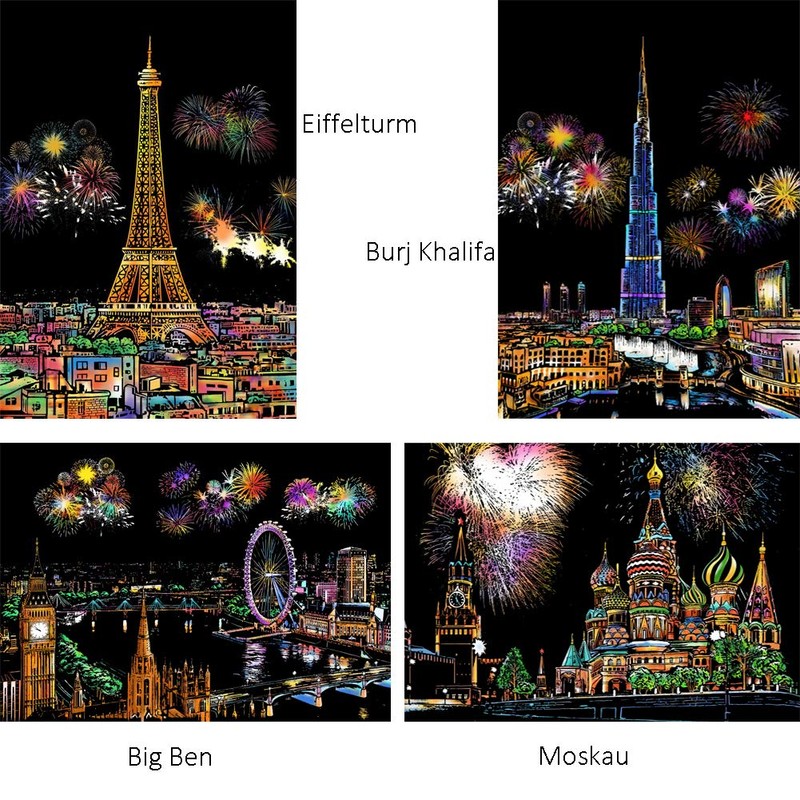ShipeeKin 4 x Scratch Pictures, 290 x 210 mm, Landmarks