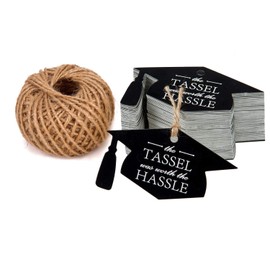 WRAPAHOLIC Gift Tags with String - 100PCS The Tassel was Worth The Hassle Graduation Cap Paper Tags with 100 Feet Natural Jute Twine for Grad Party Favors