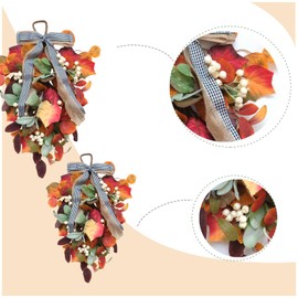 egolot Set of 2pcs Fall Yellow Orange Eucalyptus Leaves Swag for Front Door, Autumn Leaves Teardrop with Berries and Bow for Indoor Outdoor, Fall Teardrop with Lamb Ear Leaves for Mailbox Decor