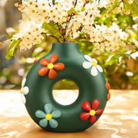GUGUGO Colorful Cute Donut Vase for Flowers, Modern Boho Circle Flower Vase for Living Room Decor, Unique Decorative Hollow Round Flowers Vases, Eclectic Aesthetic Gardening Gifts, Dark Green