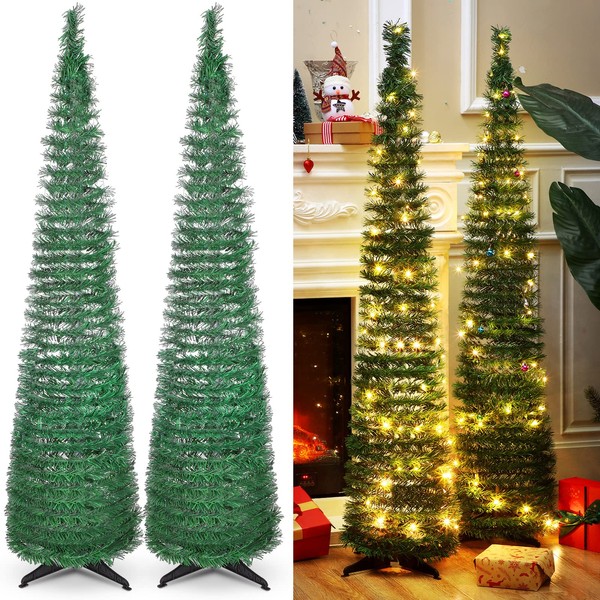 2 Pack 5 ft Pop up Christmas Trees with Pre Lit Lights Artificial Pull up Christmas Tree PVC Xmas Slim Tree with String Light for Home Christmas Party Decorations, Collapses for Easy Storage