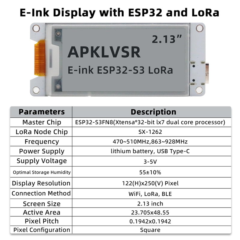 APKLVSR 2.13 Inch E-Ink LoRa Display Module, ESP32-S3 LoRa USB