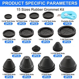 Hmknana 15 Sizes Rubber Grommet Kit, Round & Tower Shaped Firewall Grommets with Knife, 15 Sizes (13/16" to 2-3/8") Rubber Hole Plugs for Automotive Truck Electrical Cabinet Cable Wire Protection