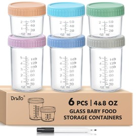 DRKIO 6 Pack Glass Baby Food Storage Containers - 4 & 8 oz Baby Food Jars with Lids Baby Food Maker Microwave Dishwasher Freezer Safe 100% Leak Proof BPA Free Reusable