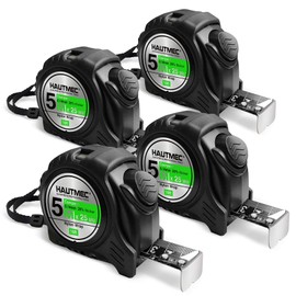 HAUTMEC 16 Ft (5m) Compact Heavy Duty AutoLock Black Tape Measure, Self-Lock, 1" Wide Black Rigid Blade, Dual Sided Rule Print 4 Pack, HT0100-TM