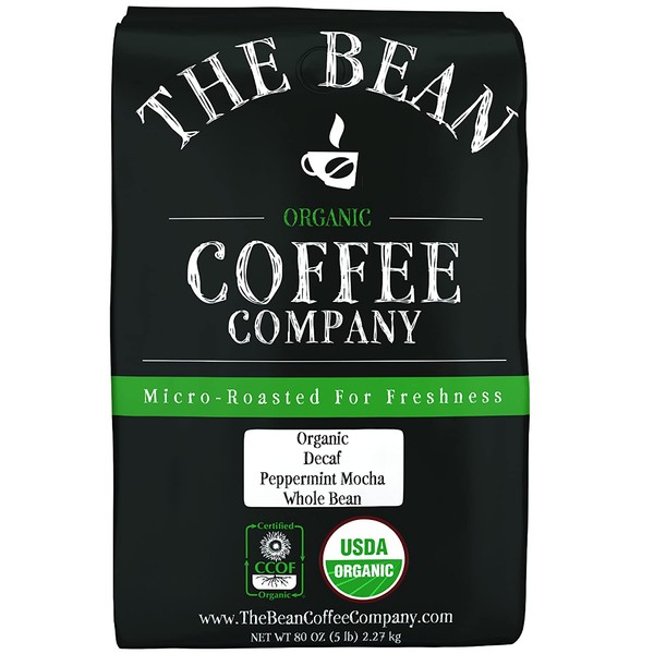 The Bean Coffee Company Organic Decaf Peppermint Mocha, Medium Roast, Whole Bean, 80 Ounce Bag