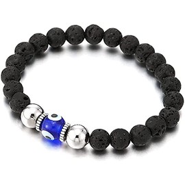 Fuqimanman2020 Glass Evil Eye Stretch Bracelet Natual Stone Gemstones Mala Lava Rock Healing Crystal Quartz Elastic Unisex Protection Prayer Jewelry-Blue