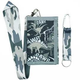 ZHONYEE Kids Wallet with Lanyard for Boys Age 4-12 Years Trifold Toddler Purse Zipper Coin Pocket Card Holder for Kids Birthday Gifts, Grey Dinosaur, Modern