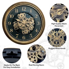 Lily's Home 15" Moving Gears Wall Clock, Large Modern Clocks for Living Room Decor, Industrial Steampunk Vintage Decorative Wall Clock for Home, Office - Intricate Gear Design, Bold Numbers (Bronze)