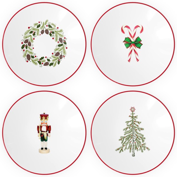 American Atelier Holiday Plates | Set of 4 | Dessert, Appetizer, or Salad Plates | Christmas Themed Collection | Measures 8-Inches | Round, Stoneware | Dishwasher Safe