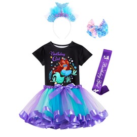 Doctor Unicorn Birthday Girls Mermaid Outfit Set Costume Tutu Skirt Dress, Mermaid Birthday Shirt, Headband & Satin Sash (Black-1, 5-6 Years)