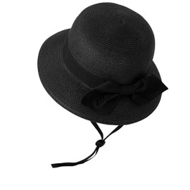 Jastore Little Kids Girls Boys Summer Straw Sun Hat Wide Brim Bowknot Floppy Beach Sun Hat (Black, 5-9 Years)