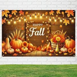 HOMETITUTE Happy Fall Banner 71x43 Inchs Autumn Thanksgiving Theme Outdoor Decorations Autumn Maple Leaves Pumpkins Backdrop Banner Fall Thanksgiving Party Supplies Yard Decor