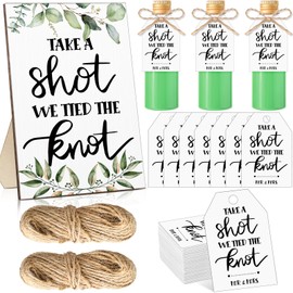 Geetery 1 Pc Take a Shot We Tied The Knot Sign with 100 Pcs Gift Wrap Tag and 2 Bundles Rope for Wedding Party Bridal Shower Decorations