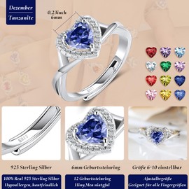 MYBELLNA 925 Sterling Silver Birthstone Rings for Women Love Heart Eternity Band Ring Adjustable Open Heart Ring for Women Girls, Precious metal