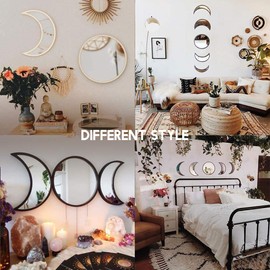 NOENNULL 5 pcs Moon Phase Mirror Set Acrylic Wall Decorative Interior Design Wooden Moon Phase Mirror Bohemian Wall Decoration for Home Living Room Bedroom - Not Real Mirror (A)