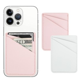 uCOLOR 2Pack Phone Card Holder, Leather Wallet with Sticky Back, Adhesive Stretchy Credit Card Pocket for Most Cell Phones (White, Pink)