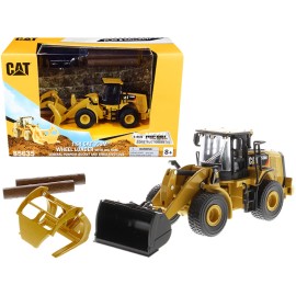 DCD CAT Caterpillar 950M Wheel Loader with Bucket and Log Fork with Two Log Poles "Play & Collect!" 1/64 Diecast Model by Diecas